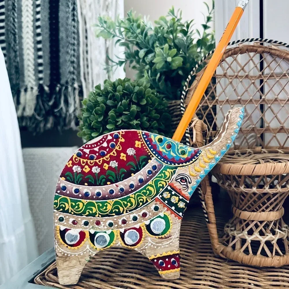 Vintage Hand Painted Wooden Elephant Bohemian Pencil Holder Tabletop Decor